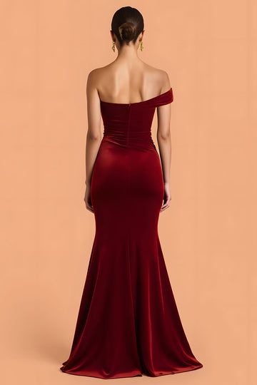 One Shoulder Burgundy Velvet Mermaid Maxi Bridesmaid Dress